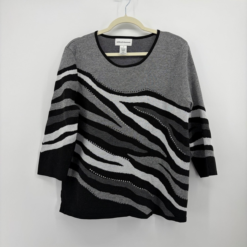 Alfred Dunner Womens Medium Gray Black Zebra Print Rhinestone Pullover Sweater